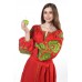 Boho Style Ukrainian Embroidered Dress "Boho Flowers" green on red 